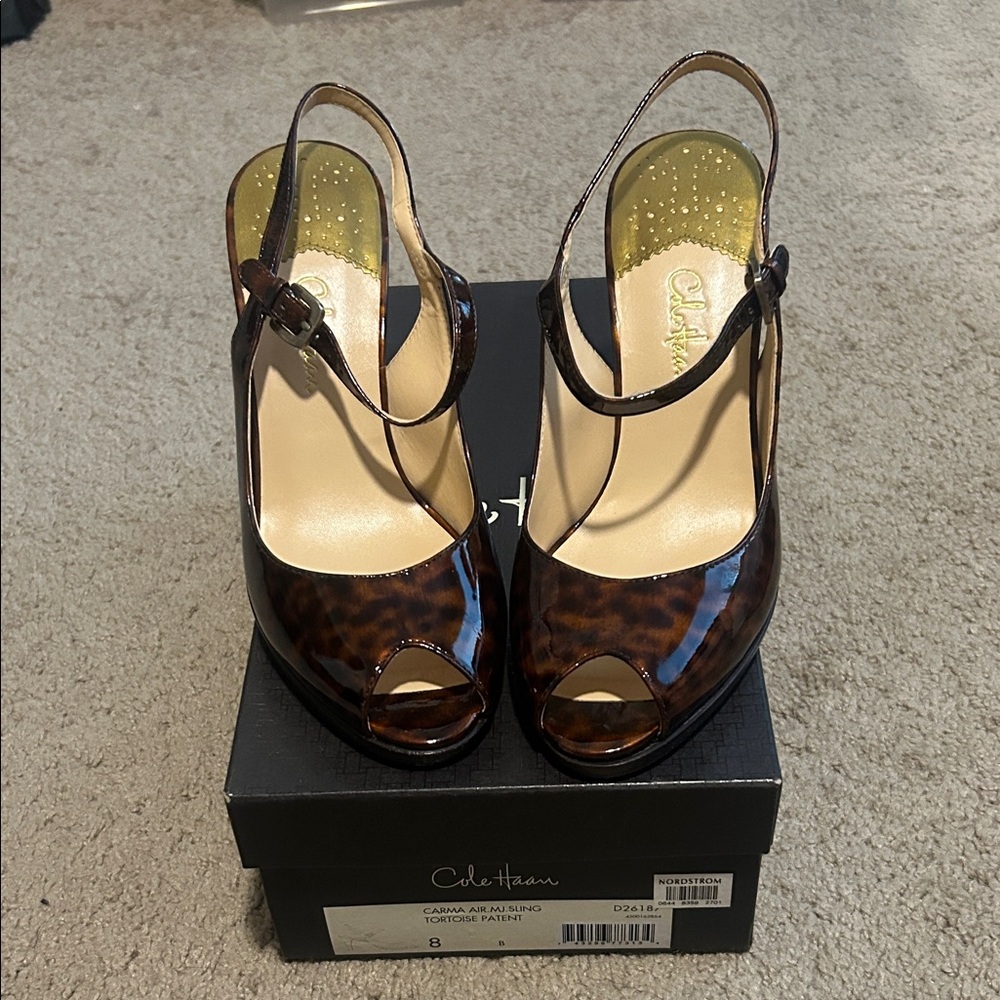 Cole Haan Women's Tortoise Patent Peep Toe Heels sz 8